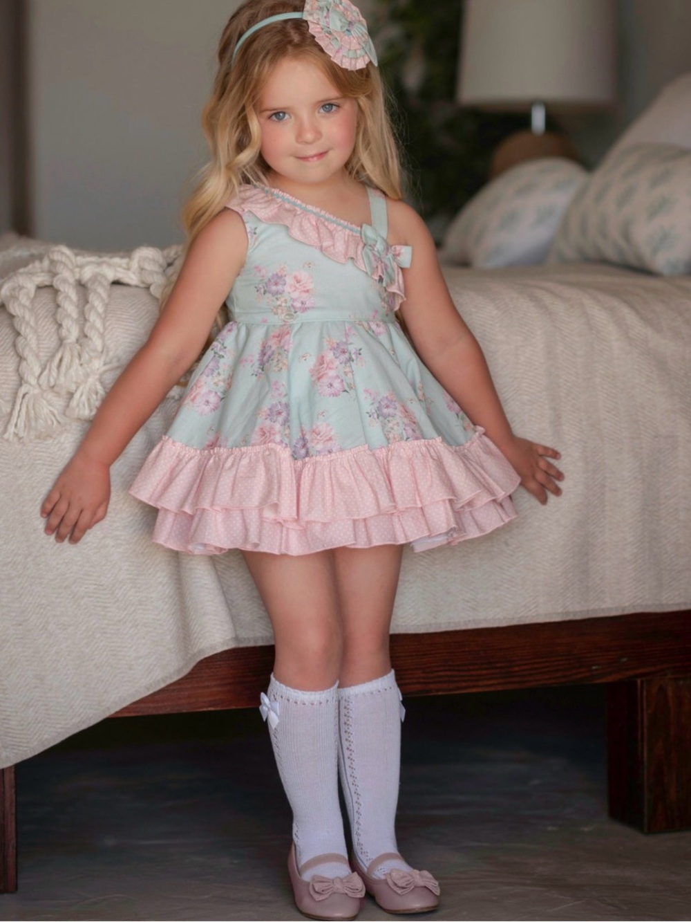 Girls Floral Ruffle Casual Dress in Mint and Pink